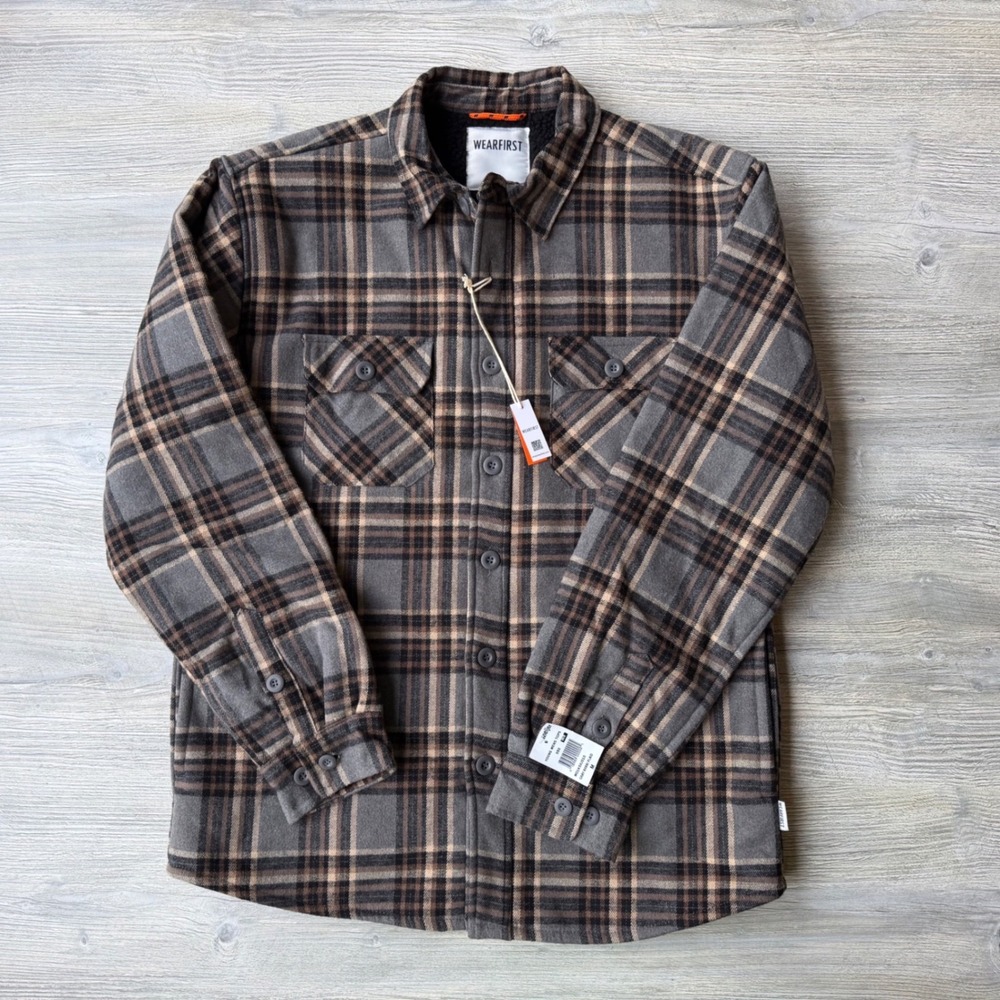 WearFirst Mens Sherpa Lined Flannel Shirt Jacket Gray Khaki Plaid M Gorpcore NEW